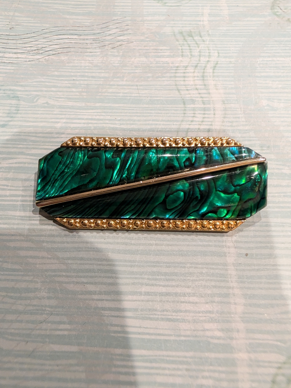 Vintage Foiled Abalone Inlay Bar Lucite Brooch with Gold Tone Accents